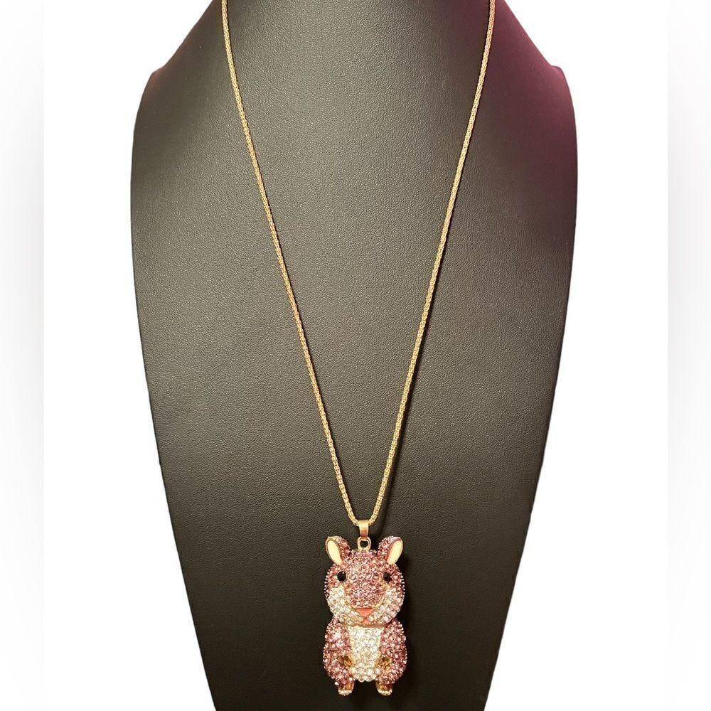 Vintage Betsey Johnson Big Rhinestone Bunny Rose Gold Tone Necklace - Picture 3 of 6